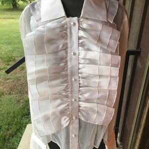White dress blouse with pearl, ruffle accents